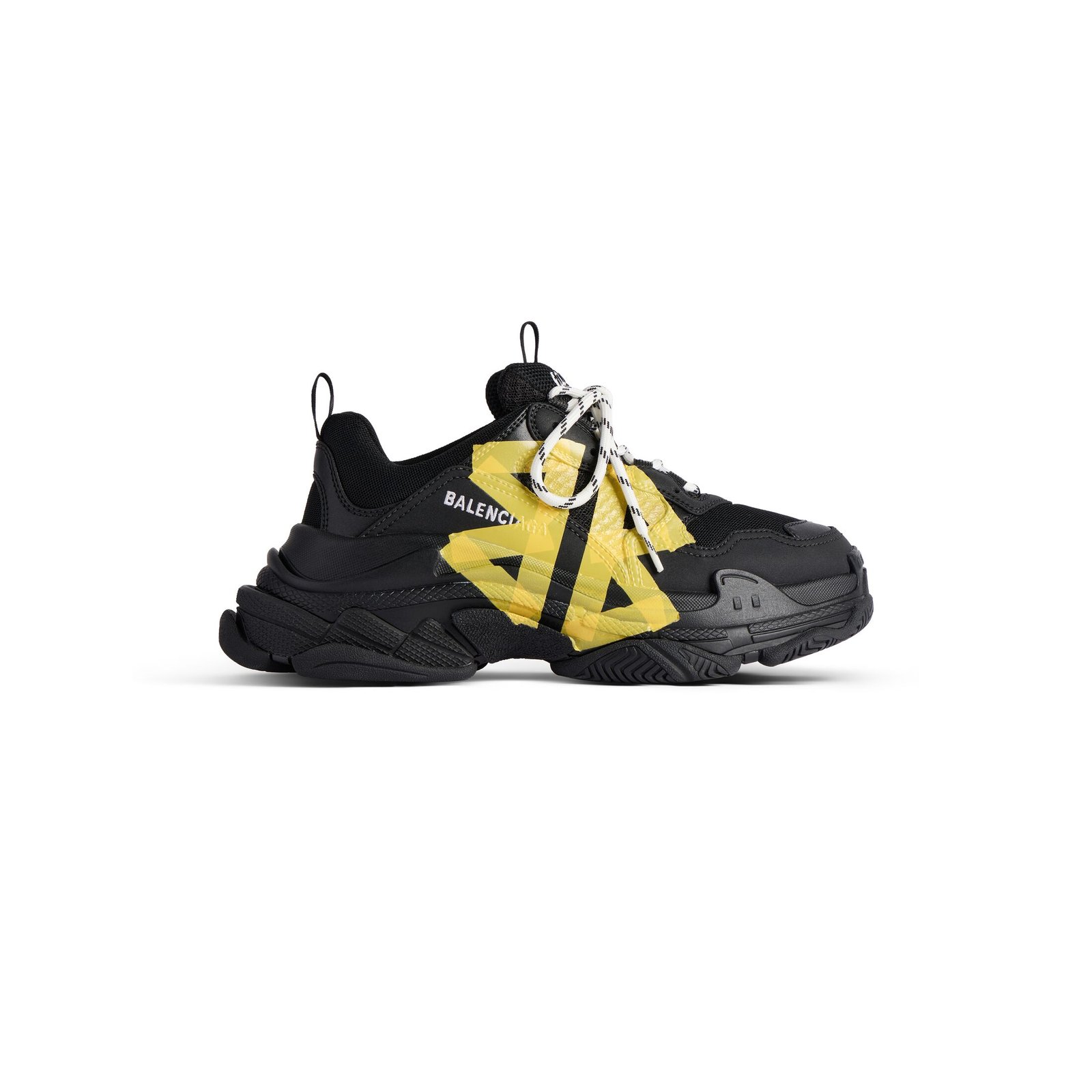 Triple S Tape Type Black and Yellow Polyester and Polyurethane Sports Shoes