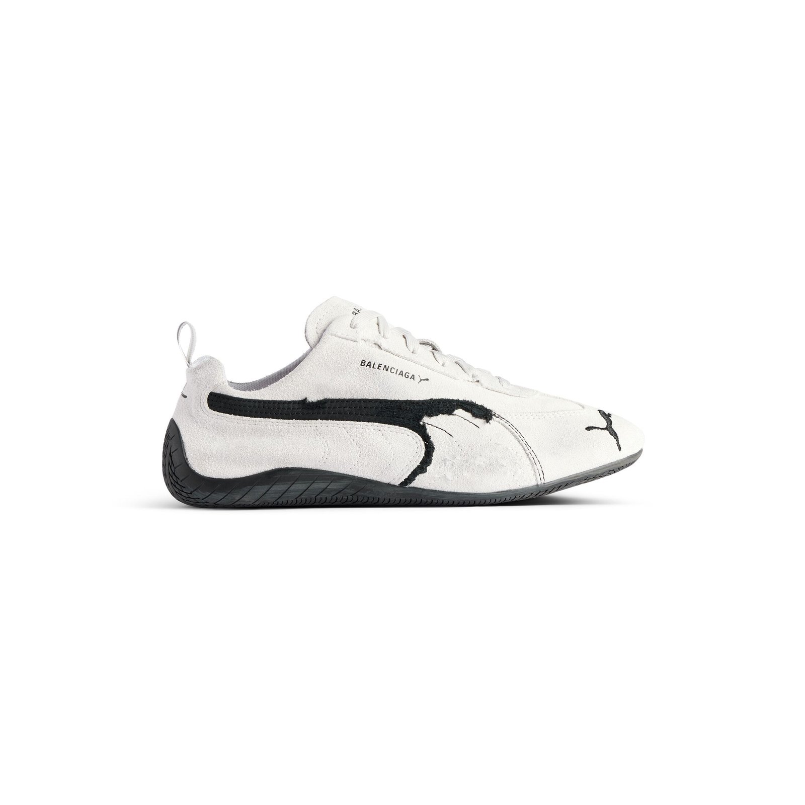 Speedcat Balenciaga White and Black Distressed Suede Cowhide Sneakers